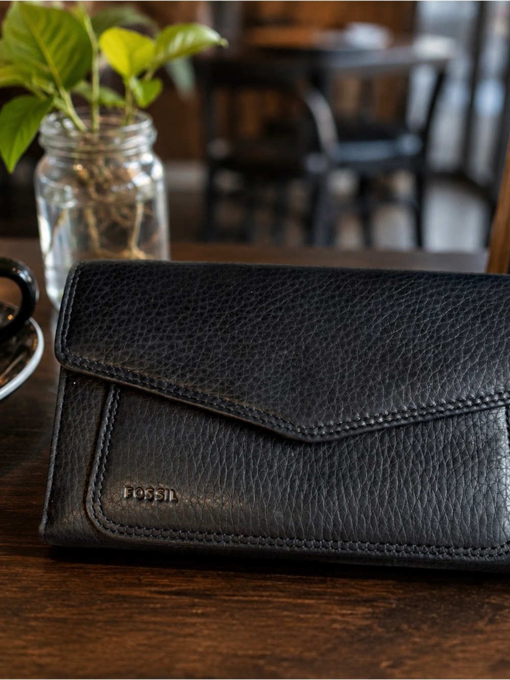 Fossil Black Pebbled Leather Envelope Clutch Wallet